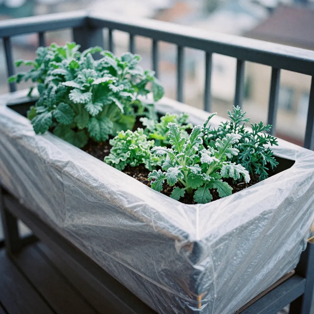 Balkong med grönsaker i krukor